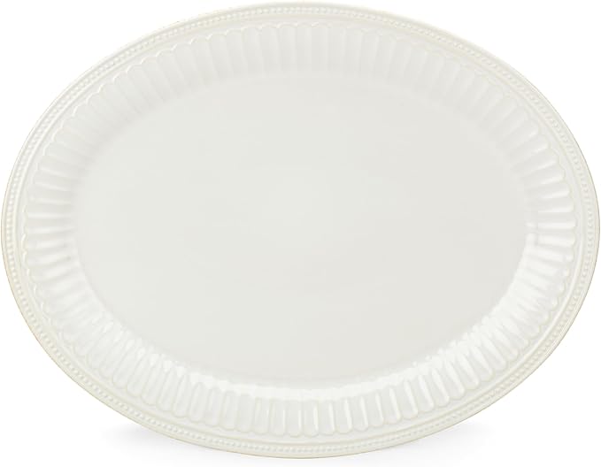 Lenox Serveware, Lenox French Perle Groove White Serving Platter, Oval Shape, 16-Inch, Stoneware, Dishwasher Safe, Turkey Platter for Thanksgiving, Winter Hosting, Christmas Serving (White, 1 Piece) by Lenox