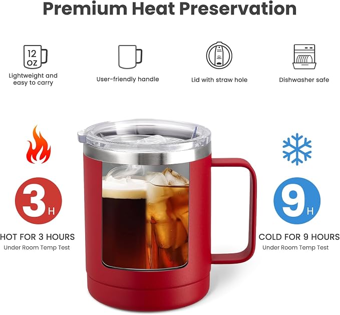 MEWAY 12oz Coffee Mug With Handle 4 Pack Bulk,Stainless Steel Insulated Travel Tumblers With Sliding Lid,Double Wall Vacuum Camping Cup for Hot & Cold Drinks Tea (Red,Set of 4) - Image 3