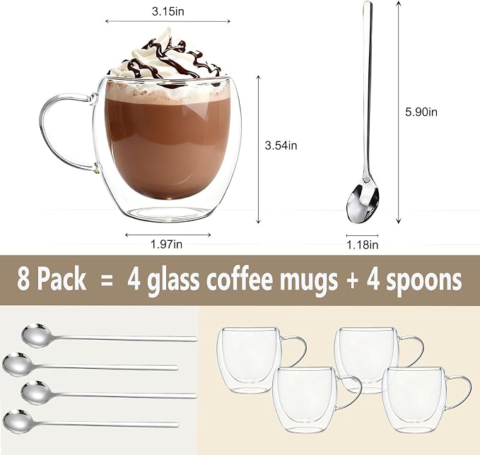 DINGPAI 4 Pack Double Wall Glass Coffee Mugs, 8oz Borosilicate Glass Mug | Heat-resistant, Cappuccino Espresso Tea Latte Cup with Handle, 4 Spoons for Stirring Beverages in Bar, Cafe, or at Home - Image 2