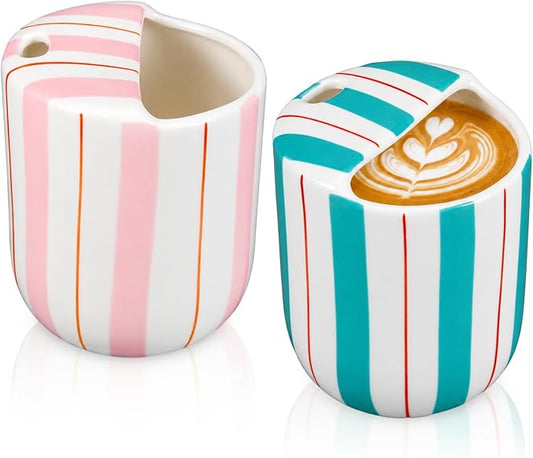 2 Pcs Ceramic Mug with Sip Hole 10 oz Pink Turquoise Striped Ceramic Coffee Mug Hand Painted Travel Mugs Heat Resistant Non Slip Built in One Lid Mugs for Coffee Lovers Appreciation Gift by Ferrochef