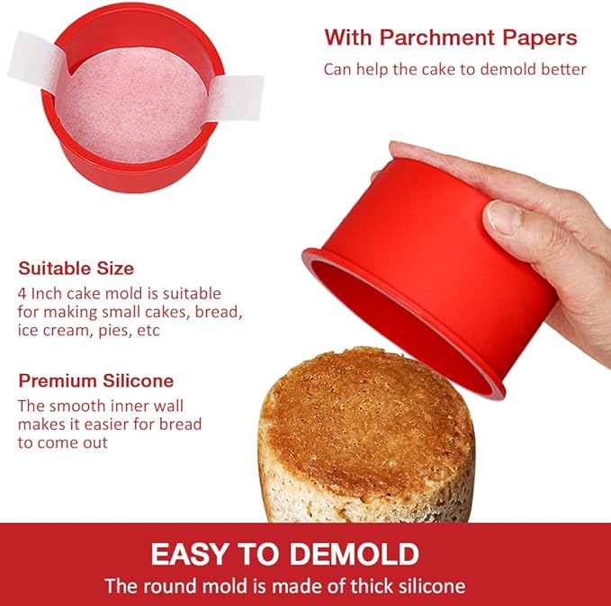 Alimat PluS 4 Inch Round Cake Pan Silicone, 5 Pack Mini Cake Pans with 100 Pieces Parchment Paper, Silicone Cake Molds for Multilayer Cakes, Puddings