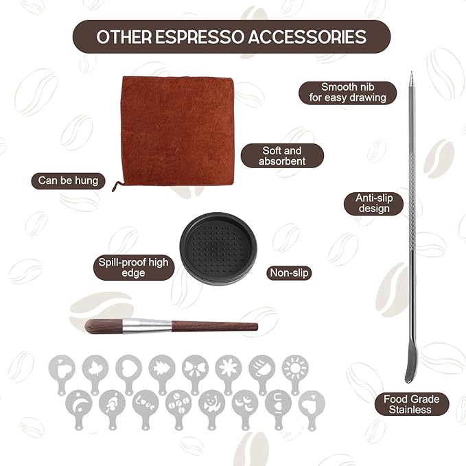 23 PCS Espresso Tamper Set,Coffee Accessories Kit Barista Kit,with 51mm Espresso Tamper,WDT Tool,Frothing Pitcher,Tamper Mat,Barista Towel,Coffee Brush,Latte Art Pen and Decorative Stencils