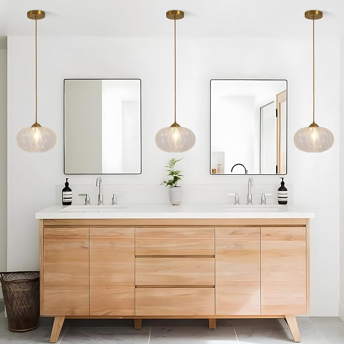 KCO Lighting Clear Ribbed Glass Pendant Light Vintage Brass Gold Pendant Lighting Large Globe Pendant Lights Kitchen Island Mid Century Modern Hanging Light for Living Room - Image 6