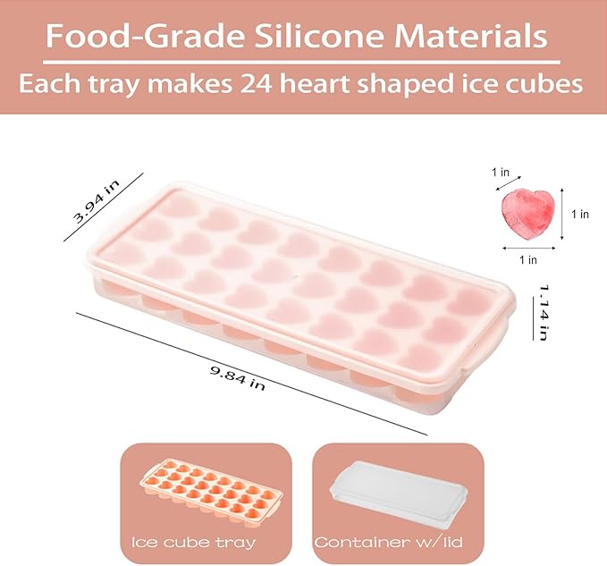 2 Pack Heart-Shaped Ice Cube Trays with lid and bin - 48 Holes Silicone Mini Heart Ice Cube Tray, BPA Free and Dishwasher Safe, Fun Shape Ice Cube Mold, Easy to Remove