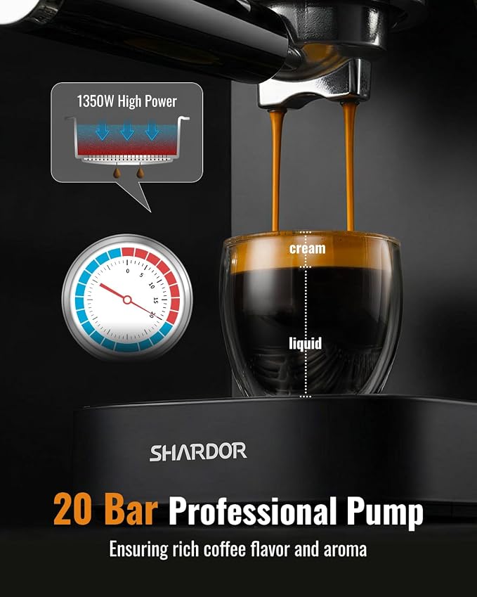 SHARDOR Espresso Machine 20 Bar, Professional Espresso Machine with Milk Frother and Touchscreen, Expresso Coffee Machines with Adjustable Temperature,for Cappuccino, Latte, Stainless Steel, Black - Image 2