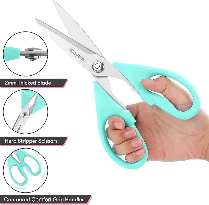 iBayam Cute Kitchen Scissors All Purpose Heavy Duty Meat Poultry Shears | Pastel Pink, Mint Blue, Built-In Bottle Opener, Protective Sheath, Dishwasher Safe, Stainless Steel, Comfort Grip, Left/Right - Image 4