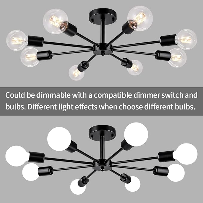 23.62'' Semi Flush Mount Ceiling Light, 8-Lights Modern Chandelier Black Living Room Light, Sputnik Light Fixtures Chandelier for Bedroom Kitchen Study Office - Image 5