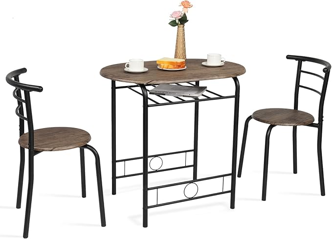VINGLI 3 Piece Dining Set,Small Kitchen Table Set for 2,Breakfast Table Set for 2,Kitchen Wooden Table and 2 Chairs for Small Space/Dining Room/Apartment,Metal Frame,Wine Rack,Rustic by VINGLI