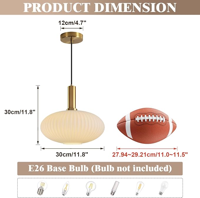 KCO Mid Century Modern Gold 12” Large White Milk Ribbed Glass Pendant Light | E26 Base, Adjustable Height, Lantern Shade Vintage Brass Hanging Light for Sloped Ceiling Kitchen Island Sink Dining Room Bar - Image 2