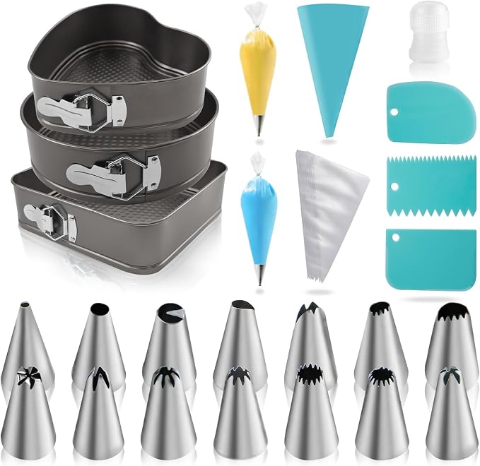 Springform Cake Pans Set 8, 9,10 Inch Heart Pan Round Cake Pan Square Baking Nonstick Cheesecake Pans Springform Pans with 100 Pcs Piping Bags, 16 Pcs Nozzles, 3 Pcs Scrappers by Unknown