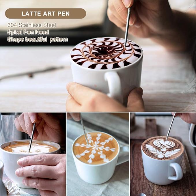 Milk Frother Handheld Art Set - with Milk Frother Pitcher, Powder Cocoa Shaker, Latte Art Pen, Coffee Stencils, Coffee Spoons