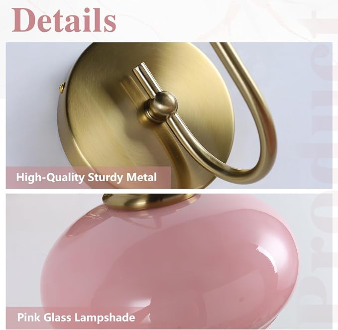 Modern Wall Light Elegant Pink Glass Wall Sconce for Bedroom Gold Semi-Flush Mount Wall Lamp Hardwired for Cafe, Dining Room, Hallway, Indoor Use - Image 3