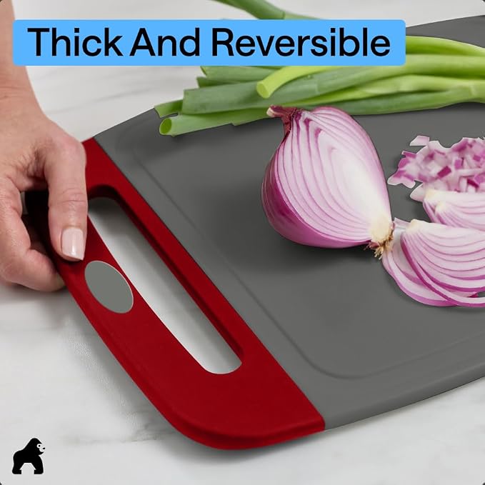 GORILLA GRIP BPA-Free Reversible Kitchen Cutting Board Set of 3, US Designed, Nonporous, Juice Grooves Catch Liquid, Slip Resistant Border, Dishwasher Safe, Durable Large Food Chopping Boards,Gray Red - Image 7