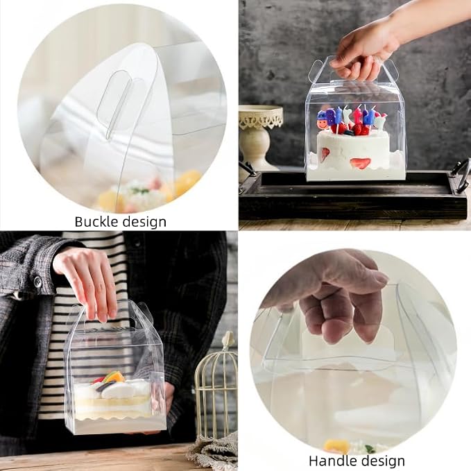 10Pcs Clear Cake Boxes with 10 Stickers and 1 Roll Ribbon Transparent Cake Carriers Plastic Cupcake Candy Food Storage Box for Home Wedding Birthday Party Favors Decor,5.5"X5.5" - Image 6