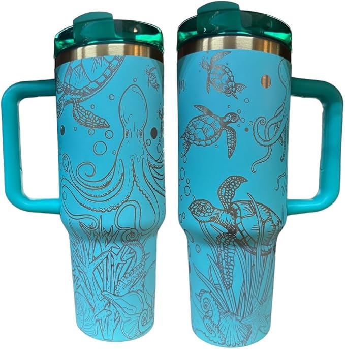 Western Engraved 40oz Tumbler, Tumbler with handle, Cowgirl Tumbler, Country Mug with Handle (Mint/Gold-Sea Animals)