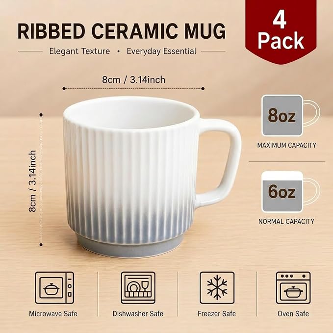 8 oz Stackable Coffee Mugs Set of 4, Ceramic Coffee Mug Cappuccino Cups | Coffee Cup for Hot Drinks, Latte, Cocoa & Tea, Coffee Mug for Home & Office Use, Birthday Gift for Coffee Lovers, Grey - Image 2