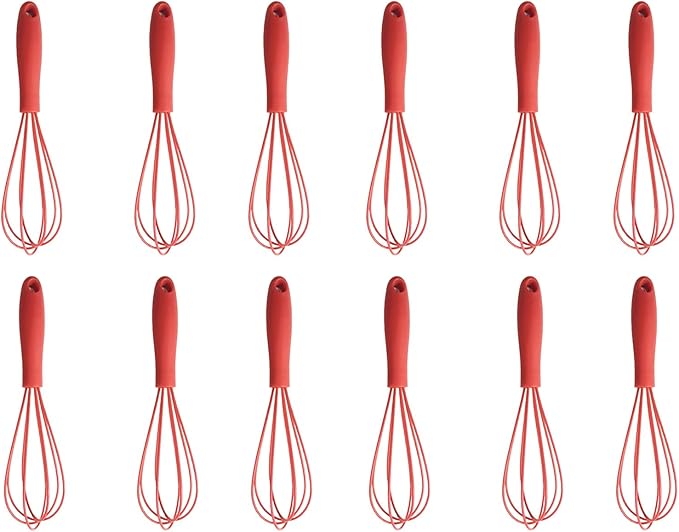 Mini Silicone Whisk, 12-Pack Portable Egg Whisk, Small Whisks For Cooking, Manual Handheld Milk Frothers, Household Egg Blender Silicone Whisks For Cooking (12PCS-Red)