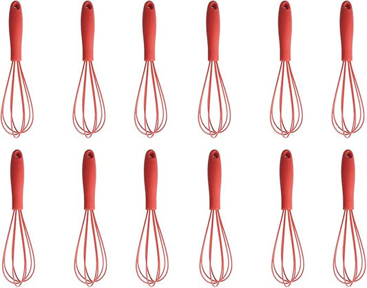 Mini Silicone Whisk, 12-Pack Portable Egg Whisk, Small Whisks For Cooking, Manual Handheld Milk Frothers, Household Egg Blender Silicone Whisks For Cooking (12PCS-Red)