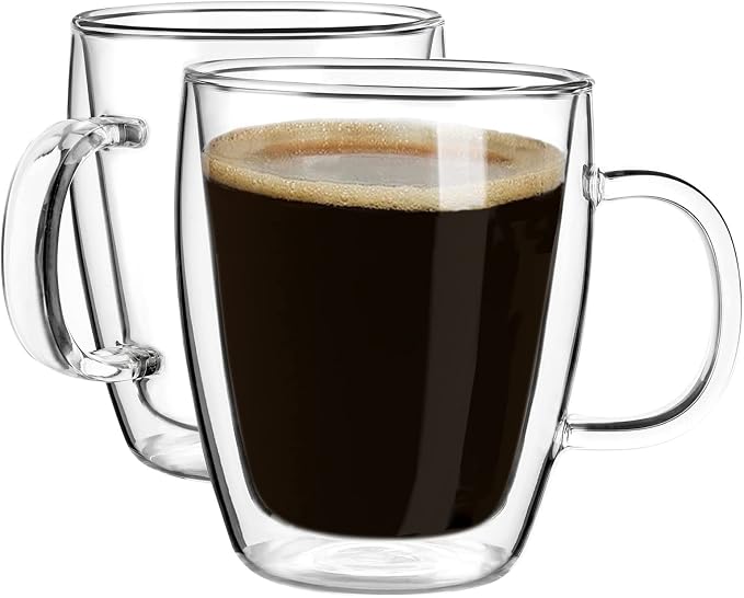 YUNCANG Double Wall Insulated Coffee Mugs, 16 Ounces - Clear Glass, Cappuccino & Latte Cups, Heat Resistant by YUNCANG