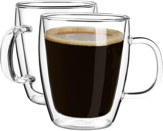 YUNCANG Double Wall Insulated Coffee Mugs, 16 Ounces - Clear Glass, Cappuccino & Latte Cups, Heat Resistant by YUNCANG
