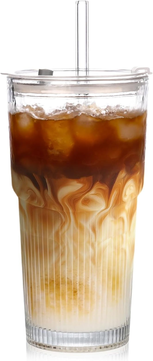 20oz Glass Tumblers with Lids and Straws,1PCS Glass Cups with Lids and Straws,Iced Coffee Cups with Lid,Drinking Glasses for Juice, Smoothies