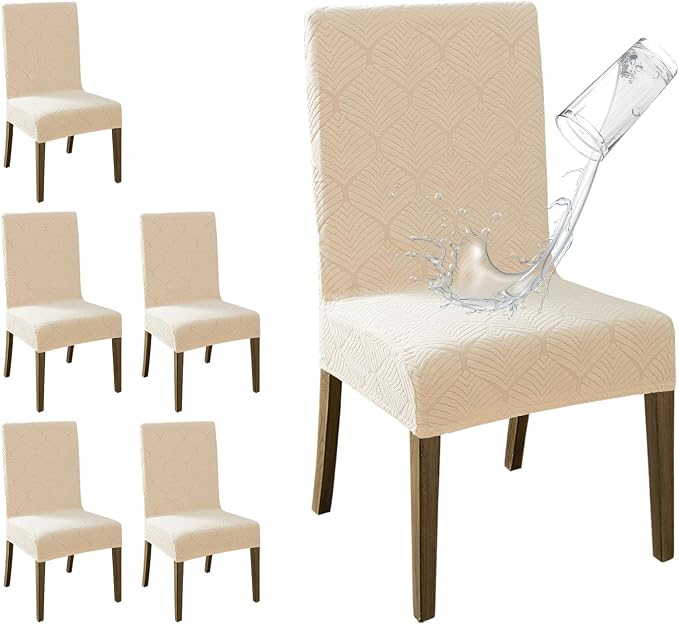 MOSAYT 100% Waterproof Dining Room Chair Covers Set of 6, Super Fit Stretch Jacquard Parson Chairs Slipcovers Removable Washable Chair Seat Protectors for Home, Kitchen, Banquet (Beige - XL) by MOSAYT