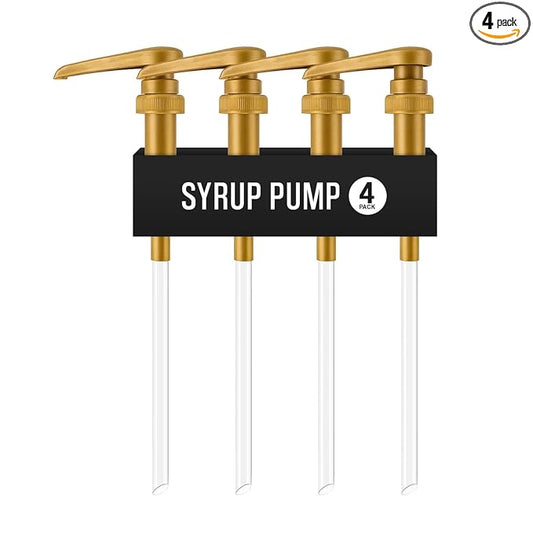 Syrup Pump for Coffee Syrup Bottles – 4-Pack Dispenser Pumps Fits 750ml / 25.4 oz Flavoring Syrup Bottles – Compatible with Torani & More – Gold Coffee Syrup Dispenser Pump for Home & Cafe Use.