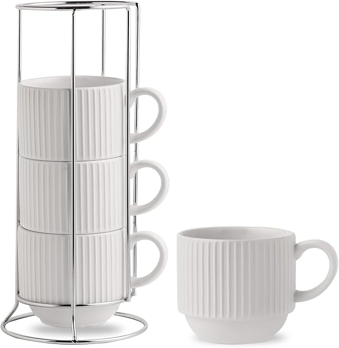 HASENSE 15 oz Ribbed Stackable Coffee Mug Set of 4, Porcelain Latte Cups with Metal Rack, Dishwasher & Microwave Safe, Cappuccino Tea Hot Cocoa, White by Hasense