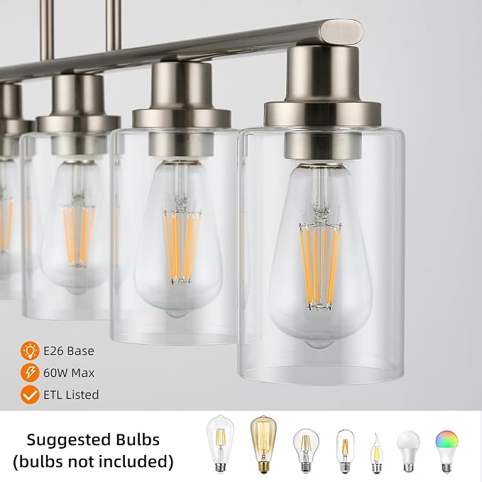 Kitchen Island Lighting, 4-Light Farmhouse Dining Room Light Fixtures Over Table, Linear Chandelier Pendant Lighting for Kitchen Island for Brushed Nickel Finish with Clear Glass Shade - Image 5