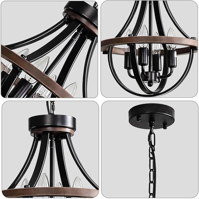 Chandeliers，Farmhouse Ceiling Chandelier Wood Black Modern Rustic Hanging Pendant Light Fixture with Chain for Dining Room Living Room Entryway Kitchen Island Bedroom Foyer Lighting（4-Light） - Image 5
