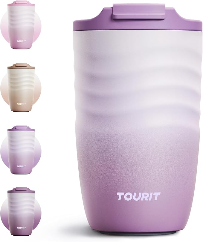 TOURIT 12 oz Travel Coffee Mug, Vacuum Insulated Stainless Steel Tumbler with Ripple-Wave Anti-Slip Grip, Built-in Silicone Bottom for Quiet & Stable, Leak-Proof Lid, Fits Car Cup Holder, Lilac by TOURIT