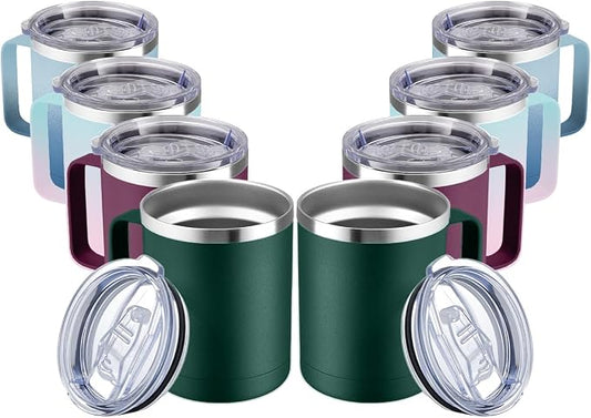 MEWAY 12oz Coffee Mug With Handle 2 Pack Bulk,Stainless Steel Insulated Travel Tumblers With Sliding Lid,Double Wall Vacuum Camping Cup for Hot & Cold Drinks Tea (Forest Green&Plum,Set of 8) by MEWAY