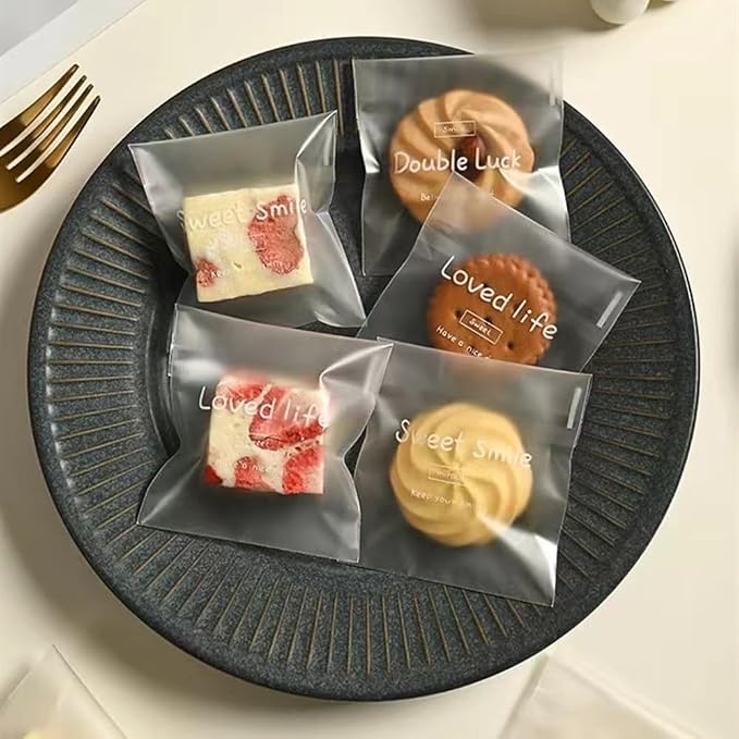 100 Pcs Frosted Semi-Transparent OPP Bags with Cute English Printing, Suitable for Packaging Cookies, Chocolate, Candy, Desserts, Snack Packs, Bread Bags, Self-Adhesive Bags, Gift Bags, Mini OPP Bags (2.8×2.8 in) - Image 3