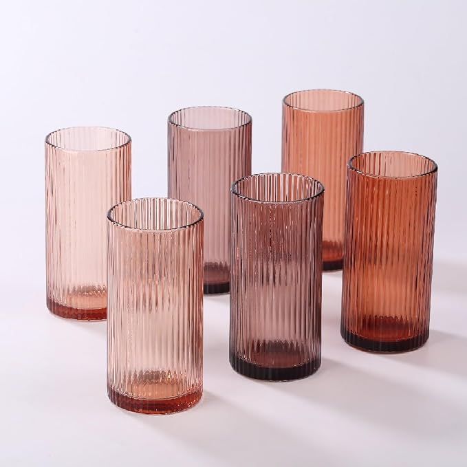 Physkoa 6 Piece 16oz Brown Ribbed Glassware Set | Vintage Drinking Glasses in Ochre,Umber,Espresso–Highball Tumbler Cups–Aesthetic Colored Glasses by Physkoa