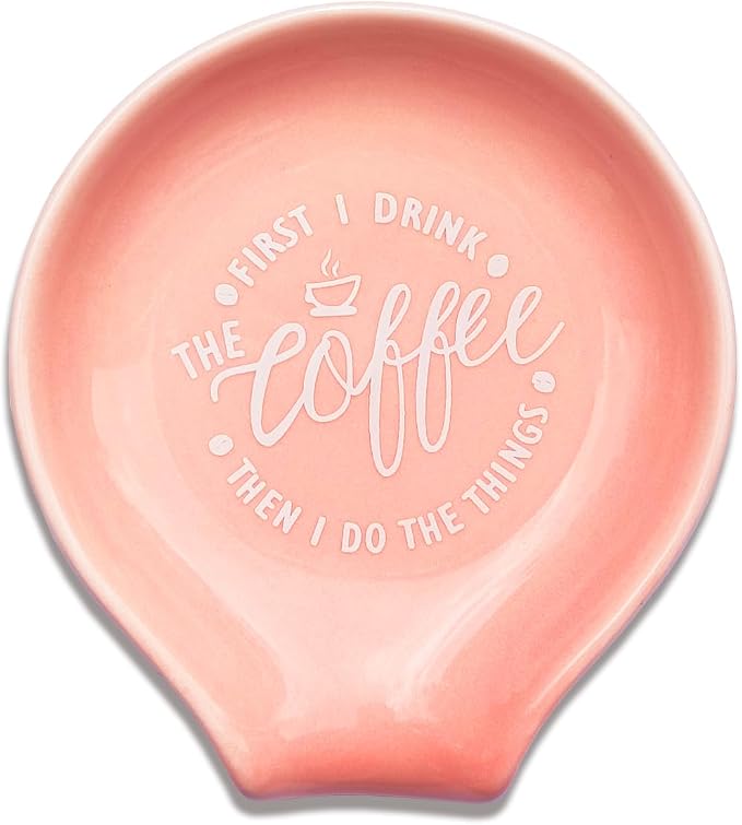 Funny Coffee Quote First I Drink The Coffee Then I Do The Things Ceramic Spoon Holder- Orange Pink Coffee Spoon Rest -Cafe Station Bar Accessories by Littlefa