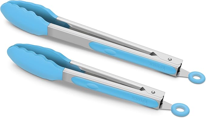2 Pack Silicone Kitchen Tongs – 9" & 12" Set, Heat Resistant up to 500°F, Non‑Stick Cookware Safe, Wavy Silicone Tips, BPA Free, Locking Clip & Hanging Loop, Blue by ALLWIN-HOUSEWARE