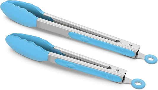2 Pack Silicone Kitchen Tongs – 9" & 12" Set, Heat Resistant up to 500°F, Non‑Stick Cookware Safe, Wavy Silicone Tips, BPA Free, Locking Clip & Hanging Loop, Blue by ALLWIN-HOUSEWARE