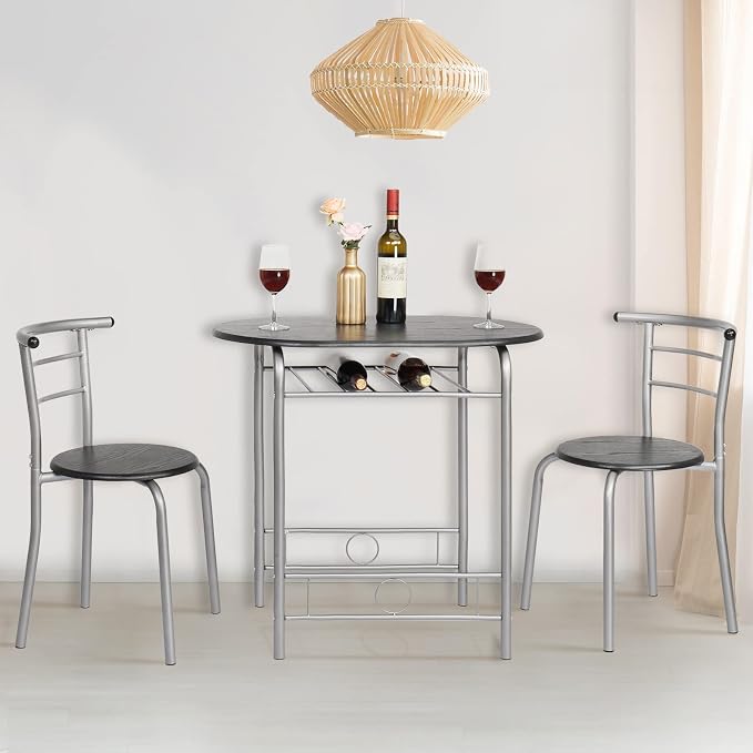 VINGLI 3 Piece Dining Set,Small Kitchen Table Set for 2,Breakfast Table Set,Kitchen Wooden Table and 2 Chairs for Small Space/Dining Room/Apartment,Metal Frame,Wine Rack,Sliver&Black - Image 2