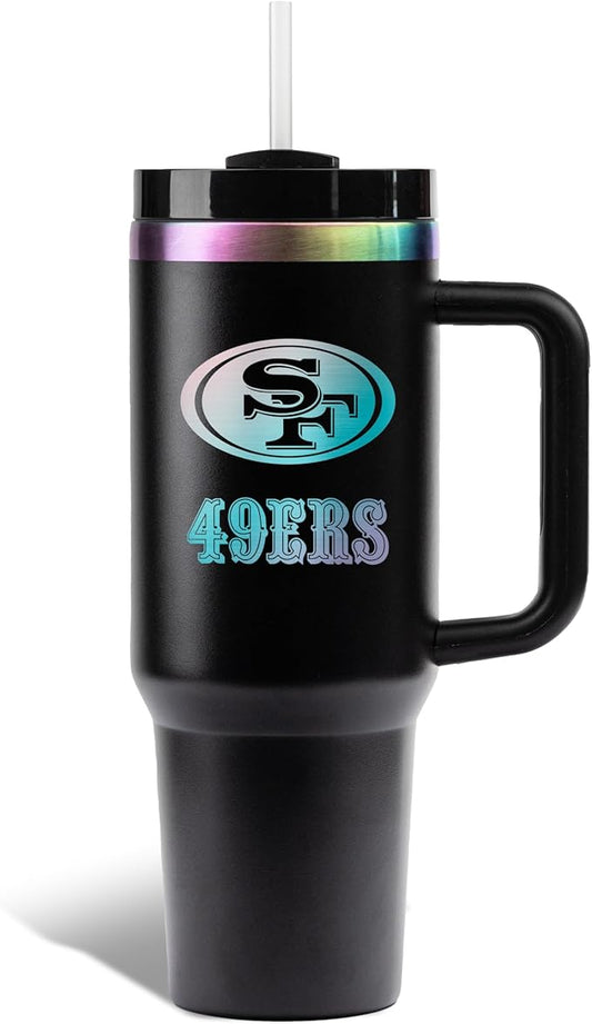 The Memory Company NFL 40oz Iridescent Tumbler - Double-Wall Vacuum Insulated Stainless Steel Water Bottle - Team Spirit Travel Cup with Handle, Lid and Straw, Hot and Cold Drink Container