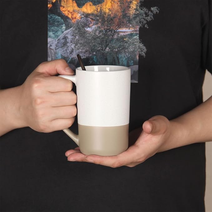 16 OZ Large Coffee Mug, Two Color Combination Big Ceramic Tea Cup with Square Handle with Black Speckled for Men Women Restaurant Home Office Hot Drinks, White - Image 4