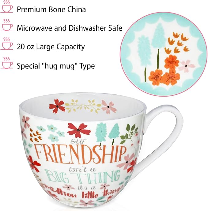 20 oz Floral Best Friend Coffee Mug, Premium Bone China Tea Cup with Meaningful Friendship Quote, Cute Soul Sister Gift for Women, Designed in England by Harvest Green Studio - Image 4
