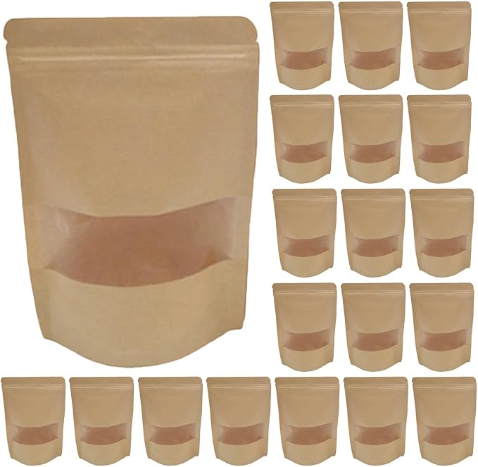50pcs Kraft Paper Bags with Window, Resealable Stand-up Storage Bags, Food Safe Kraft Paper Packaging for Travel Items, Tea, and Pantry Organizing by Unknown