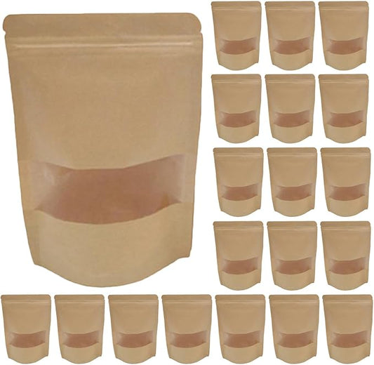 DECHOUS 50pcs Kraft Paper Stand-up Resealable Food Storage Bags with Window for Cookies and Treats, Food Safe and Excellent Sealability, for Pantry and Travel by DECHOUS