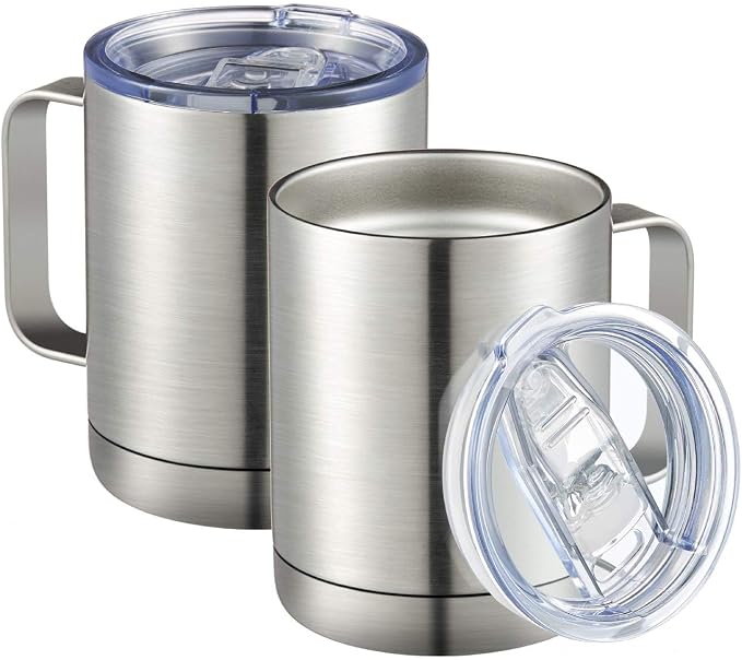 MEWAY 12oz Coffee Mug With Handle 2 Pack Bulk,Stainless Steel Insulated Travel Tumblers With Sliding Lid,Double Wall Vacuum Camping Cup for Hot & Cold Drinks Tea (Sliver,Set of 2) by MEWAY