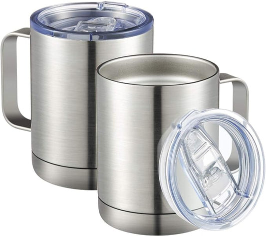 MEWAY 12oz Coffee Mug With Handle 2 Pack Bulk,Stainless Steel Insulated Travel Tumblers With Sliding Lid,Double Wall Vacuum Camping Cup for Hot & Cold Drinks Tea (Sliver,Set of 2) by MEWAY