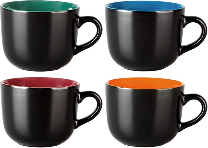 GBhome Jumbo Soup Mugs with Handles, 24 Oz Large Coffee Mugs Set of 4, Ceramic Soup bowls for Soup Cereal Snacks Salad Noodles Cups, Microwave safe - Matte Black, Colorful Inside by GBhome