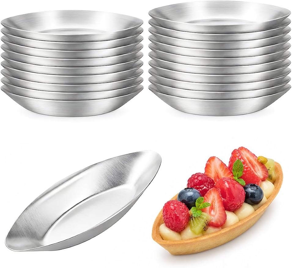 20Pcs Boat Egg Tart Molds for Baking, Smooth Aluminum Tart Pans, M | Non-Stick Barquette Tartlet Pie Shell Pans Tins Reusable Mini Quiche Pie Tray Oval Cookie Molds Frech Dessert by ISKYBOB