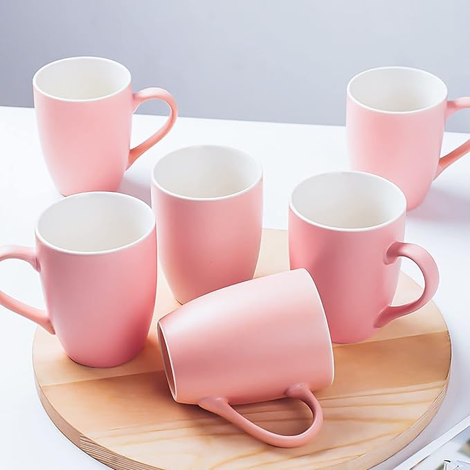 Coffee Mugs Set of 6, 12oz Ceramic Coffee Mugs with Handle, Matte Porcelain Pink Coffee Mug for Latte, Tea, Cocoa, Cappuccino, Cups for Women Men for Home Restaurant Mug (Pink) by Unknown