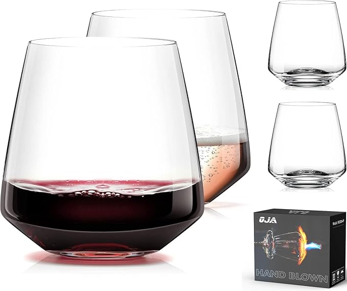 OJA Wine Glasses Set, Crystal Stemless Red Wine Glass, Set of 4, 13.5 oz | Dishwasher Safe, Red White Wine glass, Hand Blown, Unique Gifts for Him Her for Birthday, Wedding, Christmas, Anniversary by oja