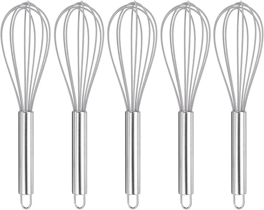 HARFINGTON 5Pcs Silicone Whisk 10" Kitchen Whisk Wire Whisks Beater with Stainless Steel Handle for Egg Milk Whisking Blending Beating & Stirring, Grey